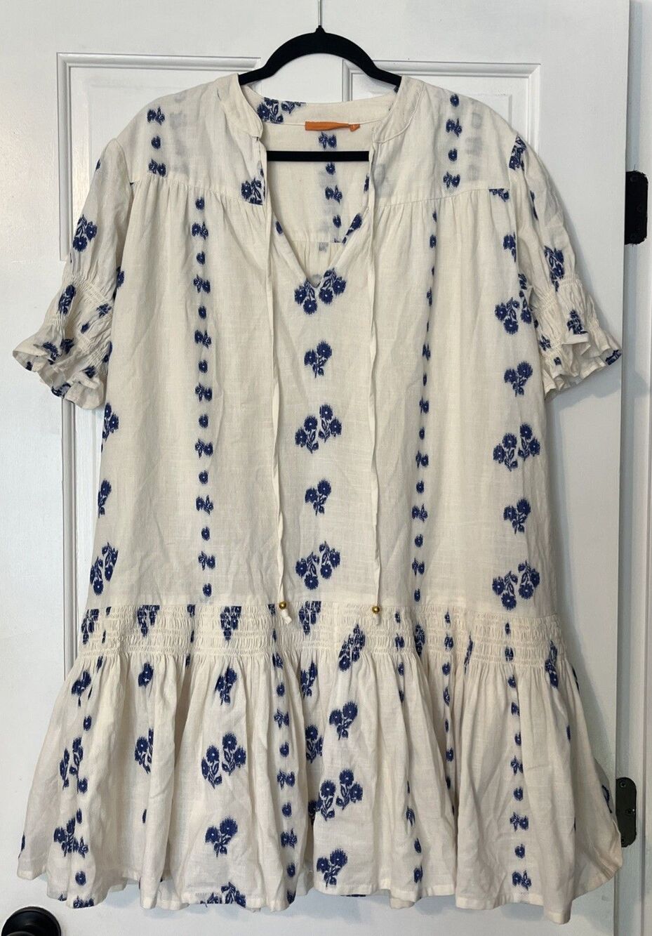 Oliphant Dress L Smocked Drop Waist Mini Wicklow Blue Puff Sleeve Tuckernuck
